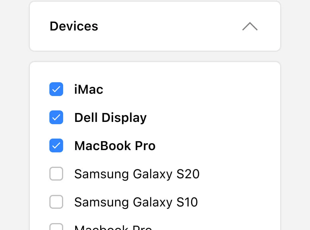 Search and filter device mockups