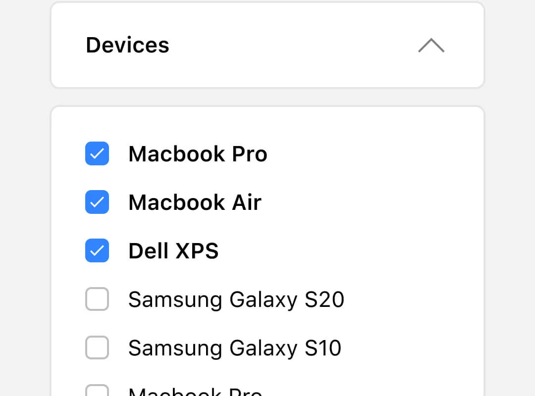 Search and filter device mockups